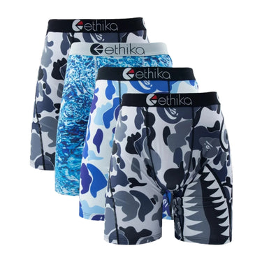 Four pairs of boxer briefs with various designs on a white background